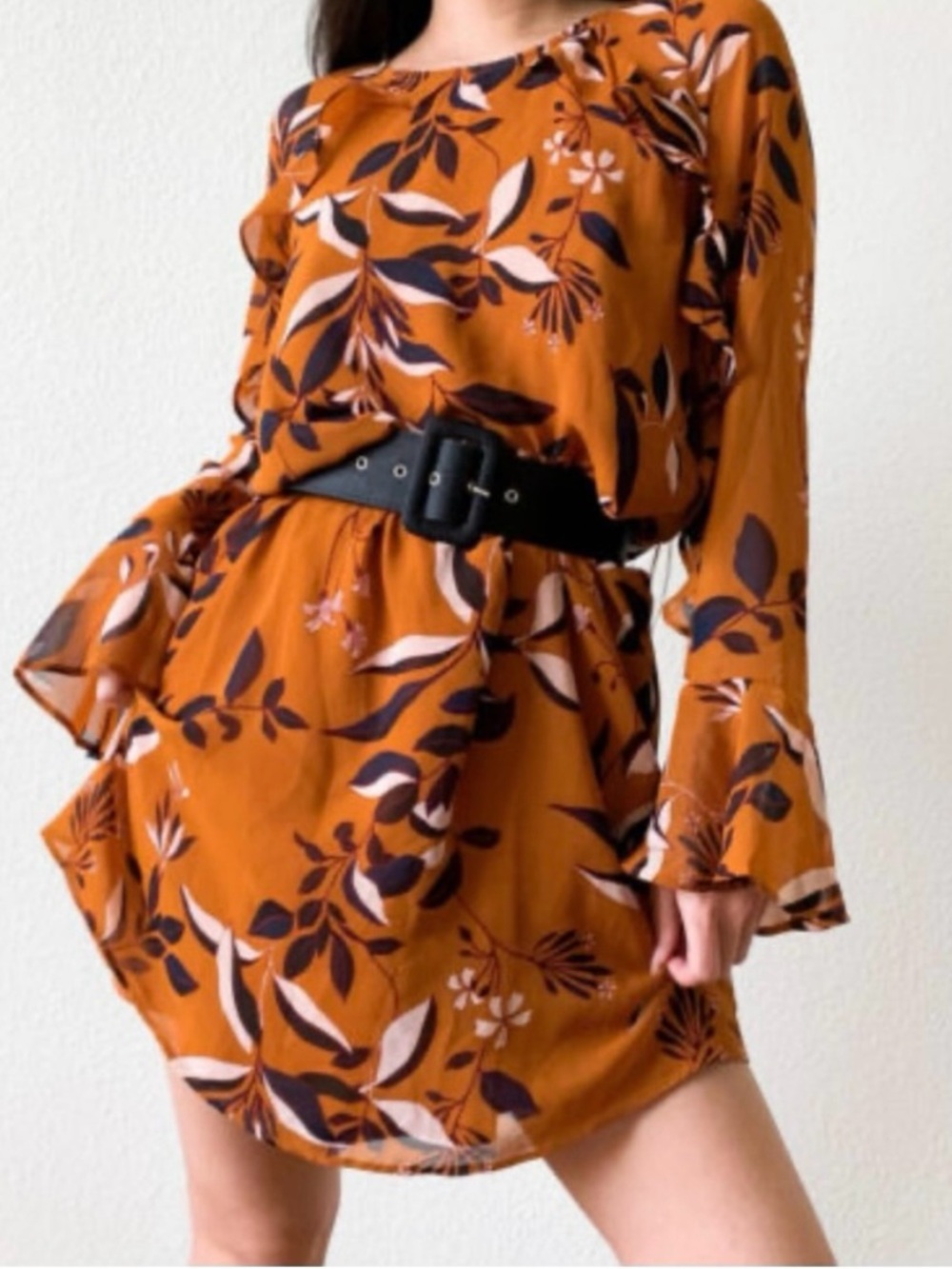 Ann Taylor Rust Floral Long-Sleeve Mini Dress